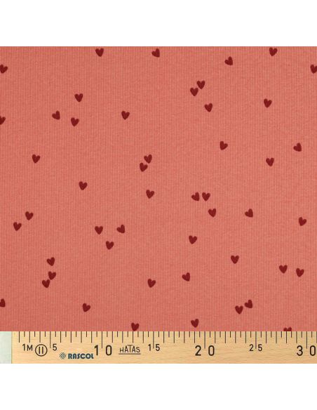 Tissu jersey coton maille côtelé - Cœurs corail