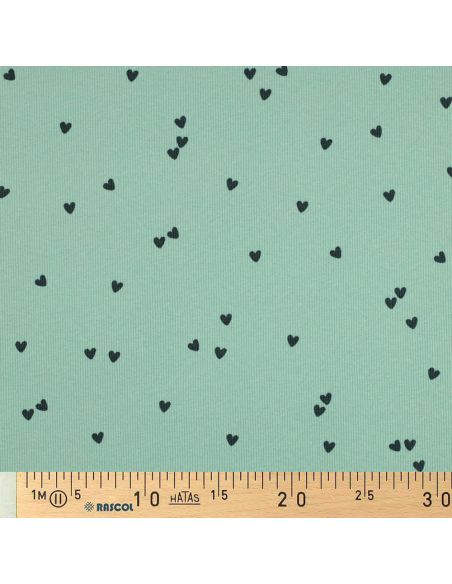 Tissu jersey coton maille côtelé - Cœurs sage