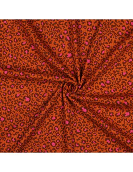 Tissu jersey coton maille côtelé - Léopard orange