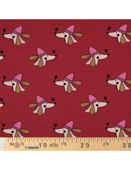 Tissu sweat molleton chien et cœurs - Rouge