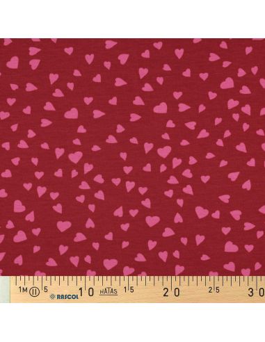 Tissu sweat molleton rouge - Cœurs rose