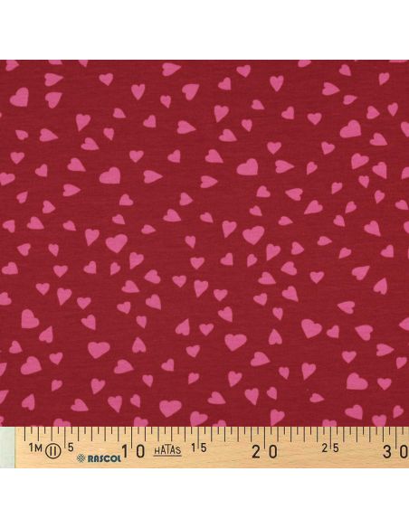 Tissu sweat molleton rouge - Cœurs rose