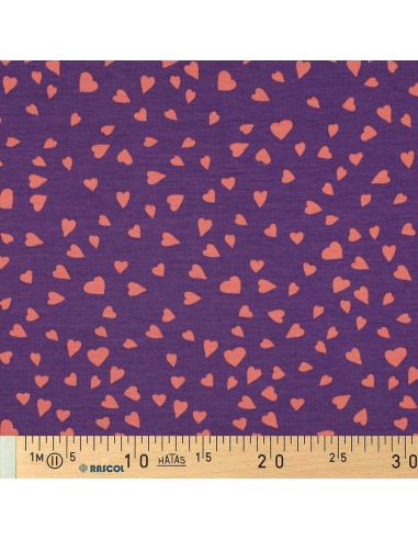 Tissu sweat molleton violet- Cœurs corail