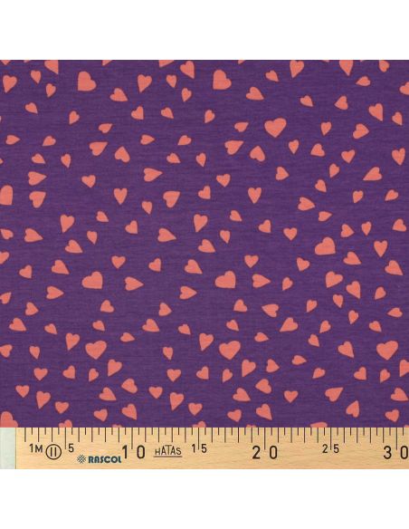 Tissu sweat molleton violet- Cœurs corail