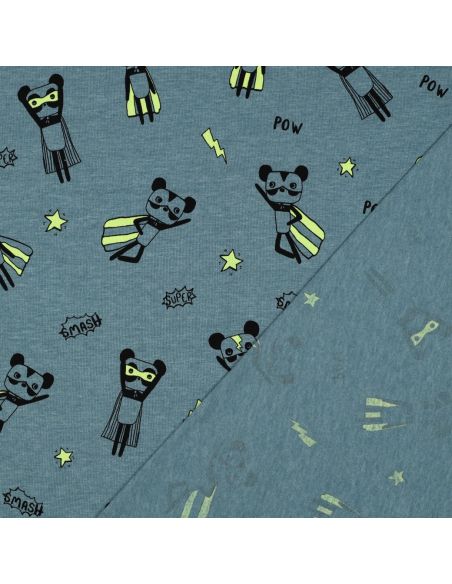 Tissu jersey chiné - Super héros jaune fond bleu