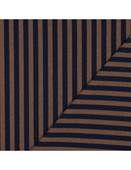 Tissu popeline de coton - Rayures larges - Marron et navy