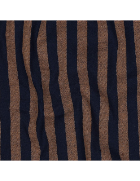Tissu popeline de coton - Rayures larges - Marron et navy