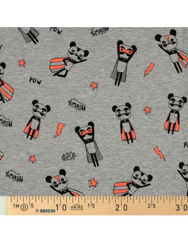 Tissu jersey chiné - Super héros orange fond gris