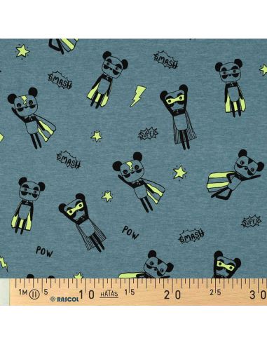 Tissu jersey chiné - Super héros jaune fond bleu