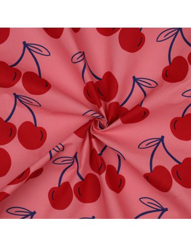 Tissu coton déperlant grosses cerises - Rose