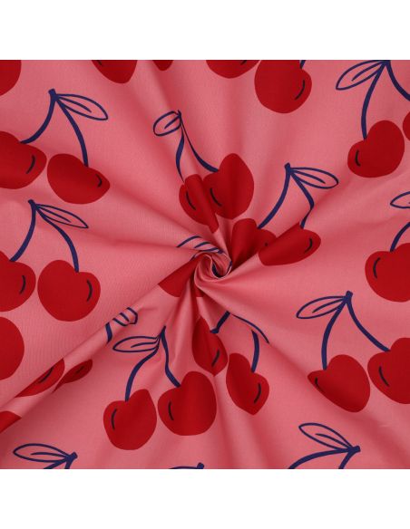 Tissu coton déperlant grosses cerises - Rose
