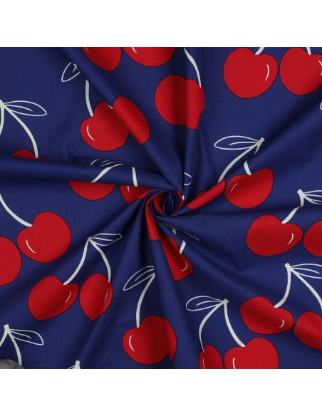 Tissu coton déperlant grosses cerises - Bleu