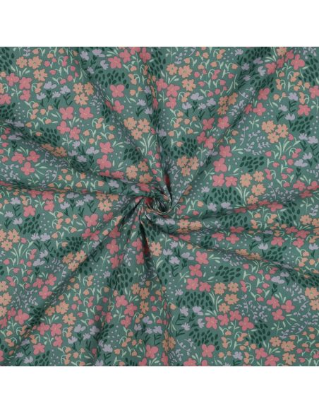 Tissu coton déperlant petites fleurs - Fond vert