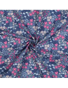 Tissu coton déperlant petites fleurs - Fond bleu jeans