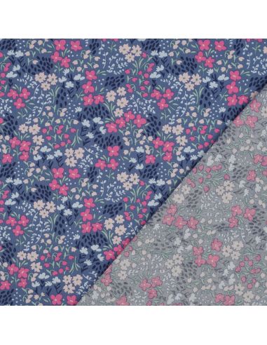 Tissu coton déperlant petites fleurs - Fond bleu jeans