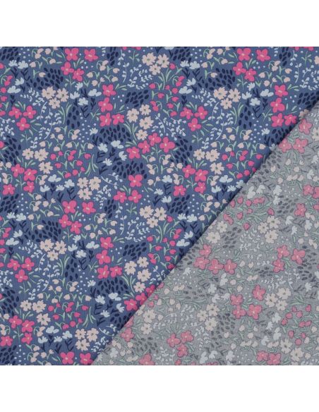 Tissu coton déperlant petites fleurs - Fond bleu jeans