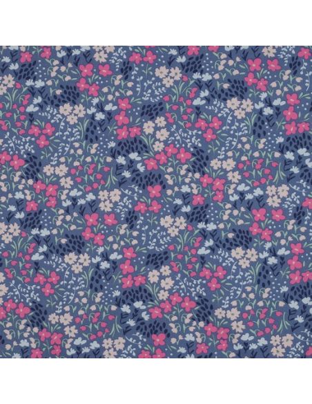 Tissu coton déperlant petites fleurs - Fond bleu jeans