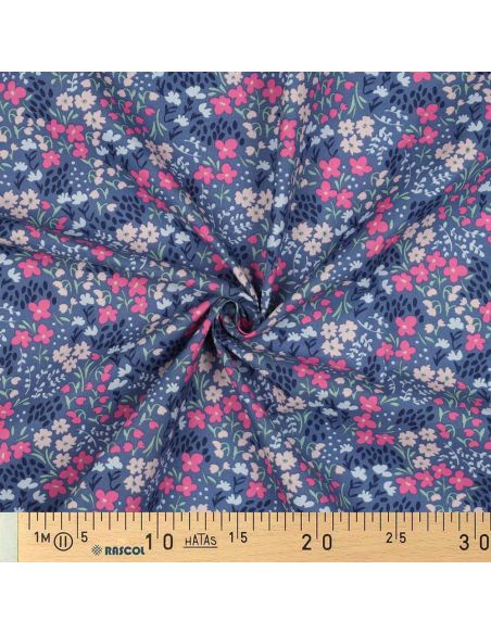 Tissu coton déperlant petites fleurs - Fond bleu jeans