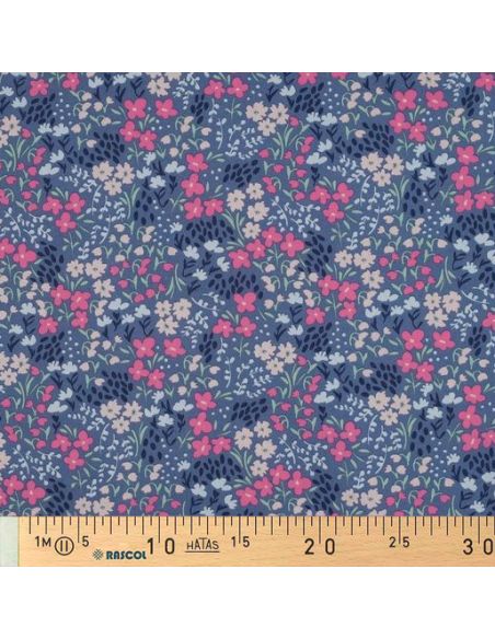 Tissu coton déperlant petites fleurs - Fond bleu jeans