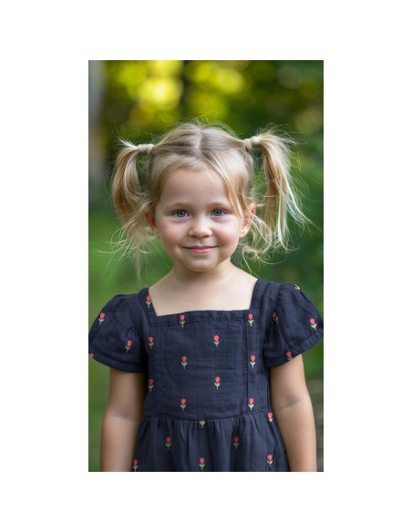Tissu double gaze brodé tulipes - Navy