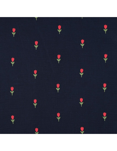 Tissu double gaze brodé tulipes - Navy