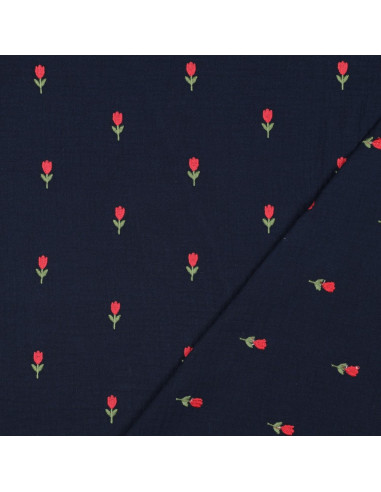 Tissu double gaze brodé tulipes - Navy
