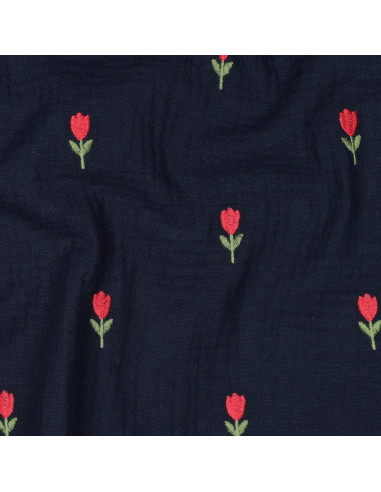 Tissu double gaze brodé tulipes - Navy