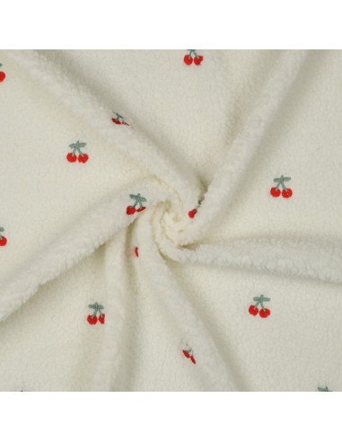 Tissu fourrure Teddy brodé cerises - Écru