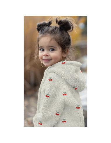 Tissu fourrure Teddy brodé cerises - Écru