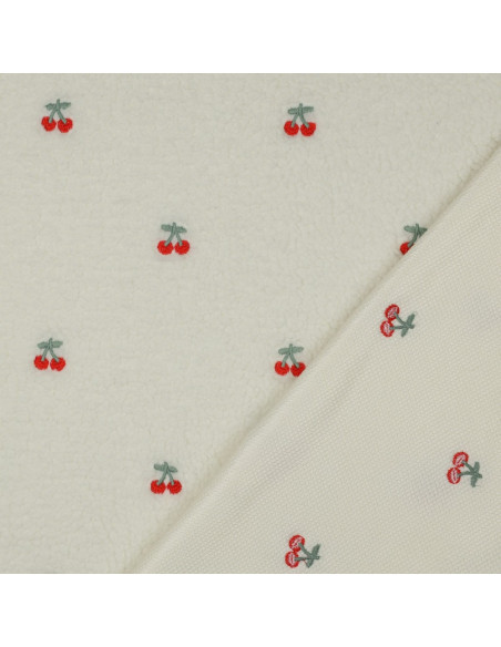 Tissu fourrure Teddy brodé cerises - Écru