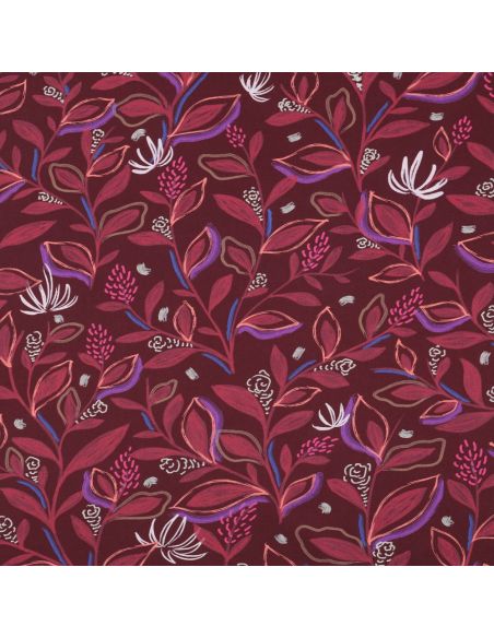 Tissu popeline de coton fleurs et feuilles - Bordeaux