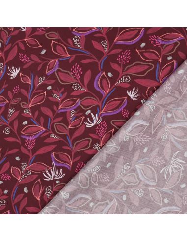 Tissu popeline de coton fleurs et feuilles - Bordeaux
