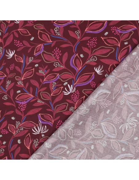 Tissu popeline de coton fleurs et feuilles - Bordeaux