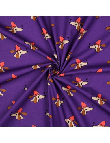 Tissu popeline de coton chien et cœurs - Violet