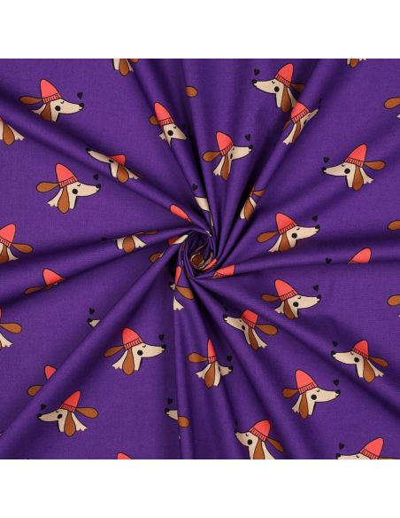 Tissu popeline de coton chien et cœurs - Violet