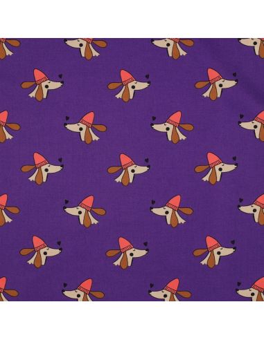 Tissu popeline de coton chien et cœurs - Violet