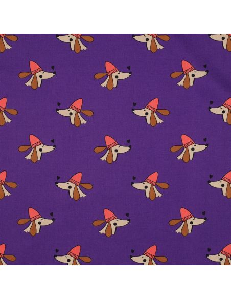 Tissu popeline de coton chien et cœurs - Violet