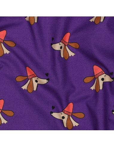 Tissu popeline de coton chien et cœurs - Violet