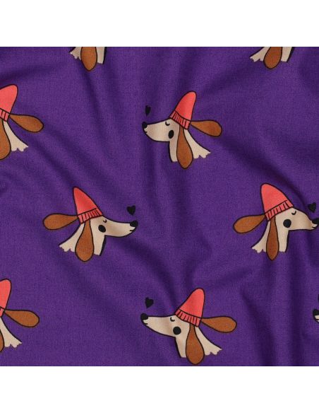 Tissu popeline de coton chien et cœurs - Violet