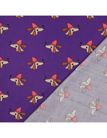 Tissu popeline de coton chien et cœurs - Violet