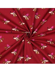 Tissu popeline de coton chien et cœurs - Bordeaux