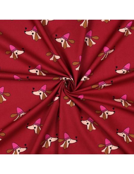 Tissu popeline de coton chien et cœurs - Bordeaux