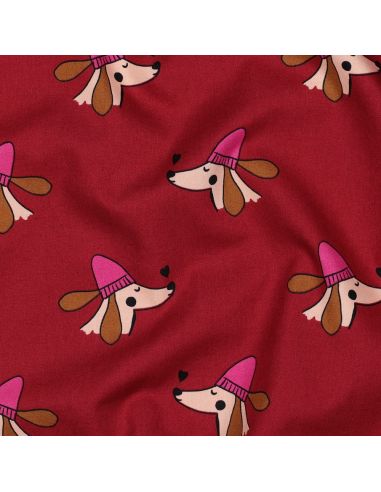 Tissu popeline de coton chien et cœurs - Bordeaux