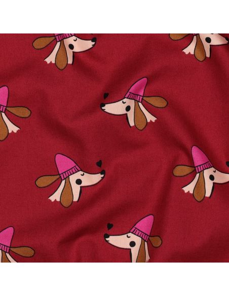 Tissu popeline de coton chien et cœurs - Bordeaux