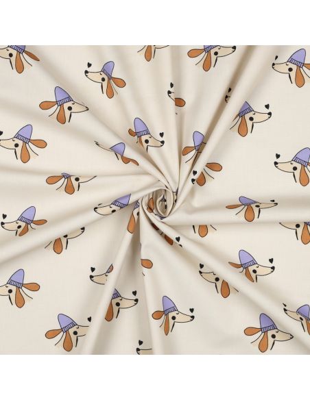 Tissu popeline de coton chien et cœurs - Blanc cassé