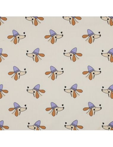 Tissu popeline de coton chien et cœurs - Blanc cassé