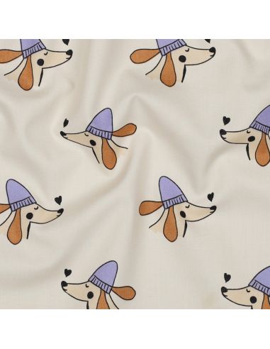 Tissu popeline de coton chien et cœurs - Blanc cassé