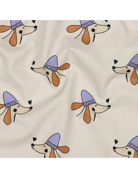 Tissu popeline de coton chien et cœurs - Blanc cassé