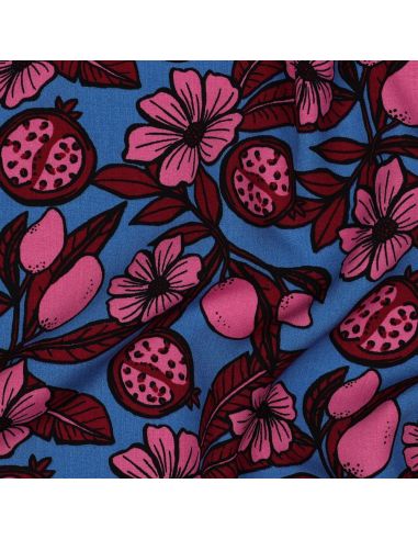 Tissu viscose - Fleurs rose fond bleu