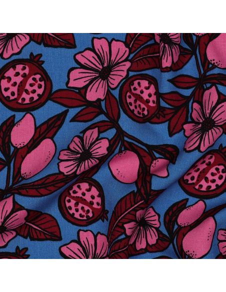 Tissu viscose - Fleurs rose fond bleu